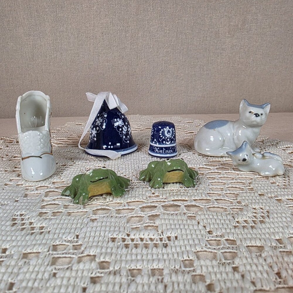 Vintage Miniature Figurine Lot Cat Frog Porcelain Shoe Bell Thimble Cottage core